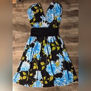 Floral Strapless Midi Dress in Blue and Black